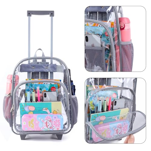 COVAX Rolling Clear Backpack, Heavy Duty See Through Bookbag, Transparent PVC Cold-resistant Backpack with Wheels (Grey)4