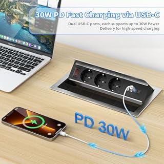 Prise encastrable en Aluminium 3 Prises avec 2 Ports USB-C PD 30W & 2 Ports USB-A – Bloc multiprise escamotable, Angle réglable pour Cuisine, Bureau & Plan de Travail, câble 1,8 m, argenté