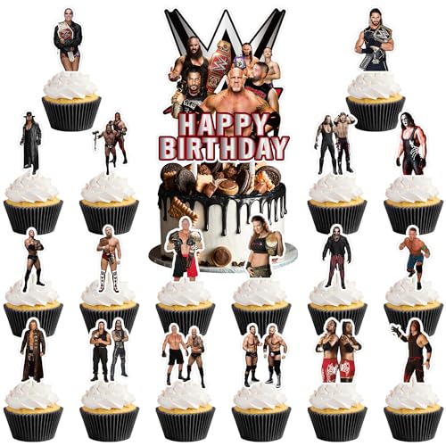 Lot de 37 décorations de gâteau de lutte comprenant 1 grande décoration de gâteau, 36 décorations de cupcakes pour décoration de fête d'anniversaire sur le thème de la lutte (WWE)