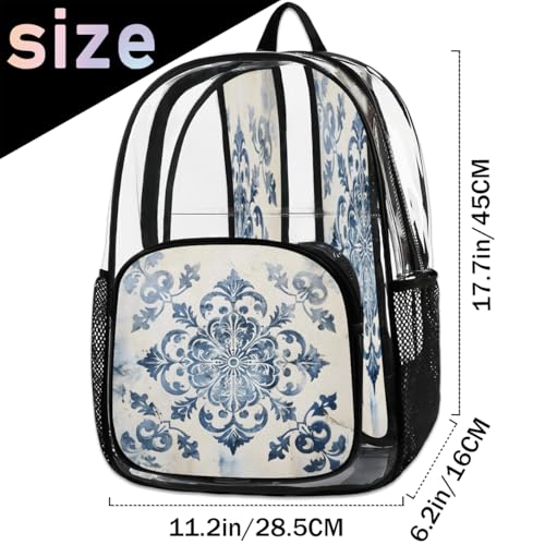 Ethnic Mandala Clear Backpack for Stadium Events, Botanical Flowers Waterproof Clear Bag for Women Men Adult Sport Work Daily Music Festival and Concerts2