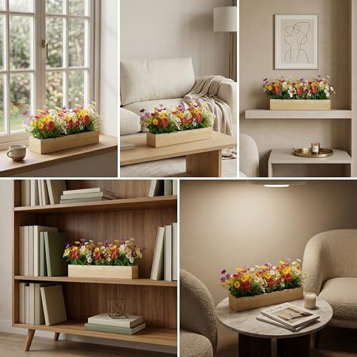 Image of Dekorly Artificial Multi Colour Daisy Flower Arrangement with Wooden Planter (24 CM) | Premium Realistic Floral Decor for Table & Living Room | Stylish Indoor Decor for Living Room