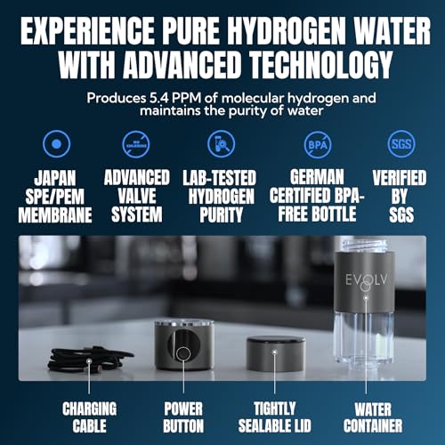 EVOLV Hydrogen Water Bottle Generator – SPE & PEM Water Ionizer 5.4PPM, Highest H2 Concentration – Portable 8oz Hydrogenated Water Bottle – Leak-Proof Hydrogen Water Machine, Easy to Use – Carbon