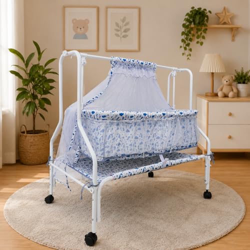 Image of Kiddery Auri | Cradle for Baby | New Improved Mattress Design | Mosquito Protection Net | Smooth Swing | All Wheel Lock | Palna | Jhula | Uyyala | 0-10 Months | Blue