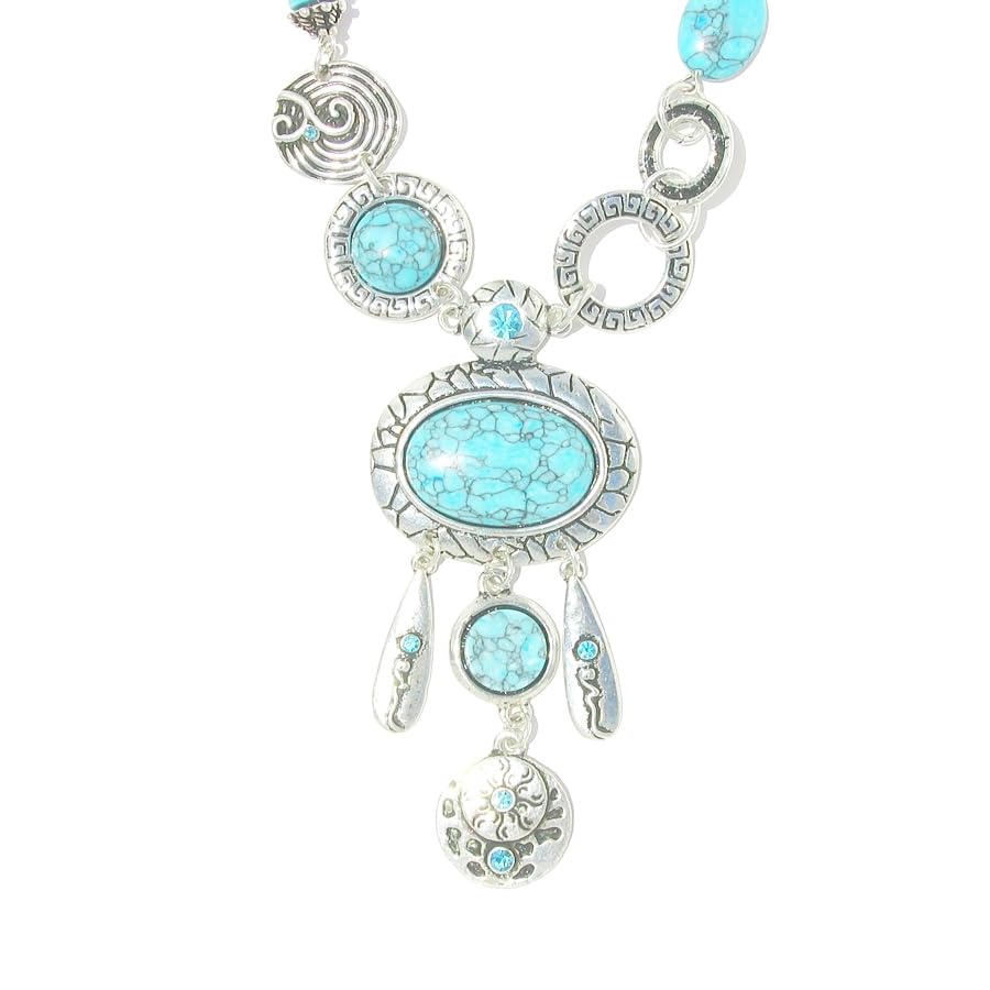 Collier Seychelles en Métal Vieilli avec Perles Marbrées et Strass Bleus