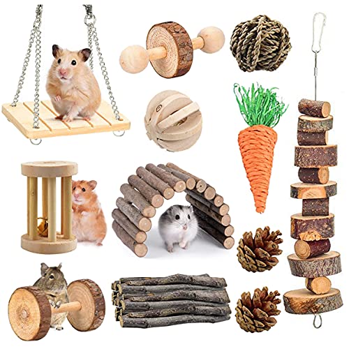 TOLMIOW Hamster Chew Toys Set 12 Pack,Natural Wooden Hamster Toys and Accessories Teeth Care Molar Toys for Guinea Pigs Syrian Hamster Rats Chinchillas Gerbils Hamster Swing Ladder Bridge