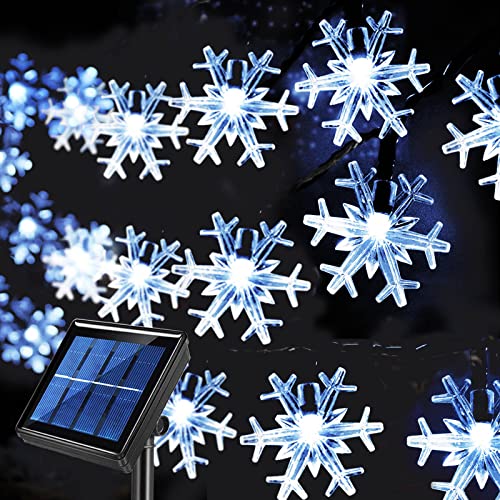 Janchs 55ft 100 LED Solar Christmas Lights Outdoor Decorations, 8 Modes Waterproof LED Snowflake String Lights for Outside Wedding Party Porch Deck Christmas Tree, Garlands, Wreath Decor, Cool White