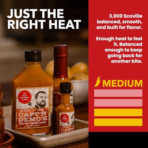 Image of CAPTAIN DEMO's DOUBLE TRUFFLE Red Hot Pepper Sauce - Two Bottle Pack with BONUS Travel Bottle, Gourmet Hot Sauce With Black AND White Truffles, Perfect Level of Garlic-ky, Hot Honey Heat