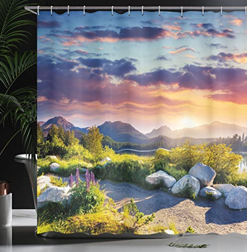 Abakuhaus Nature Shower Curtain, Idyllic Skyline in National Park on European Mountains Tranquil Scenery, Cloth Fabric Bathroom Decor Set with Hooks, 94 Inches, Fern Green Blue Lilac - Image 3