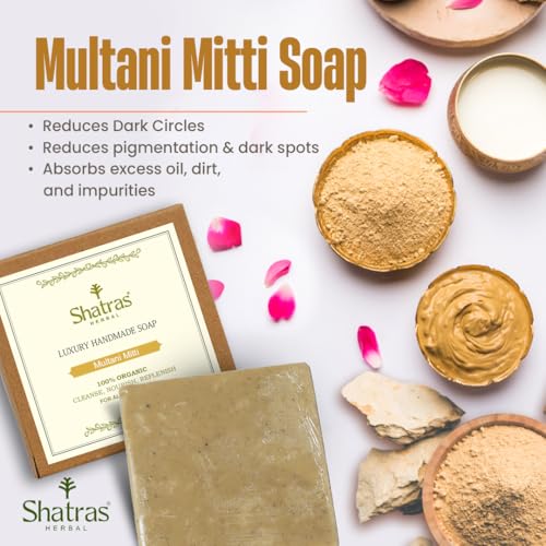 Image of Shatras Handmade Face Ubtan Herbal Daily Bath Soap with Multani Mitti | Gentle Exfoliation for Glowing Skin | Helps Reduce Pimples and Scars | Soothes Skin Irritations | Natural Soap for Clear Skin (Pack of 3)