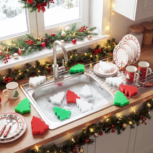 Image of Tioncy 12 Pack Kitchen Sponges Bulk Dual Sided Scrubber Sponges Dishwashing Kitchen Cleaning Accessories for Household Supplies(Christmas Tree, Red, Green, White)