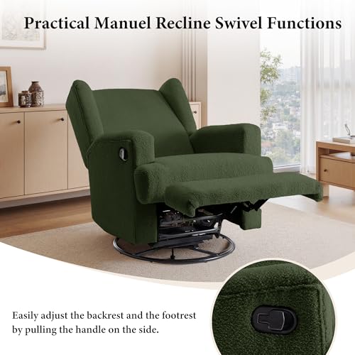 Image of Swivel Rocker Recliner Chairs Set of 2, 360 Swivel Wingback Recliner Chairs for Adults, Upholstered Boucle Fabric Glider Rocking Chair with High Back, Deep Seat for Living Romm Bedroom, Green