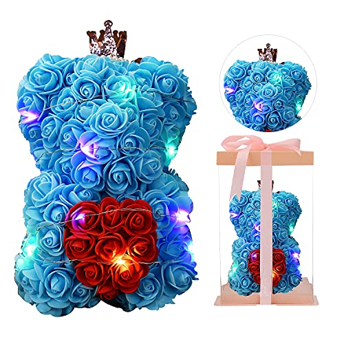 Grehab Rose Bear, Rose Flower Teddy Bear, 10 inch Artificial Rose Bear with LED Light, for Valentine's Dayã€Mother's Dayã€Weddingã€Anniversary, Pink Transparent Gift Box (Blue)