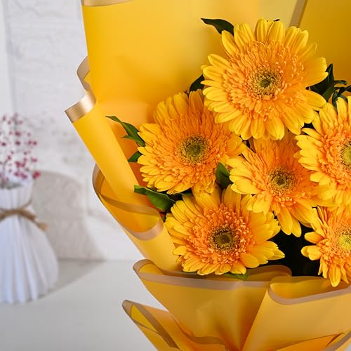 Image of FlowerAura Premium Fresh Live Flower Bouquet of 6 Yellow Gerberas In Designer Paper Gift For Birthday | Anniversary | Love | Home Decor | Fathers Day Gift For Dad (Same Day Delivery)