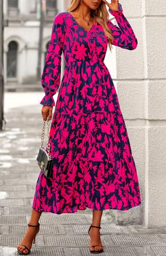 BTFBM Women Fall Dresses 2025 Casual Long Sleeve V Neck Maxi Dresses Floral Boho Long Dress Wedding Guest Dress