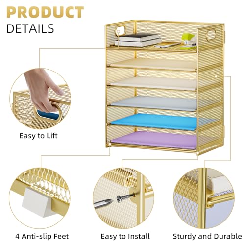 Image of Marbrasse 2 Pack Desk Organizer with Handle, 6 Tier Paper Letter Tray, Mesh Desk File Organizer for Office, School and Home - Gold