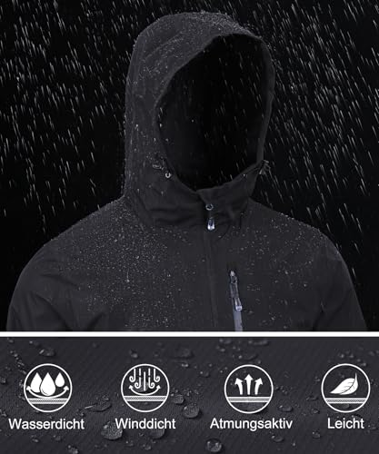 Huayuzh Regenjacke Herren Wasserdicht Leichte Regenmantel Camping Wandern Atmungsaktiv Packbare Softshelljacke mit Kapuze Schwarz M