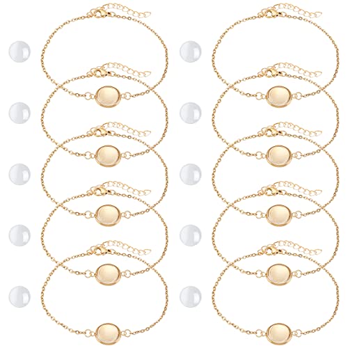 NBEADS 10 Sets Armband Lünette Tablett, Blank Manschetten verstellbar Armband Bestehend Aus 10 Edelstahl-Armbandkette Mit Schmucklünettensockel Glascabochons, 50 Biegeringen Für Schmuckherstellung
