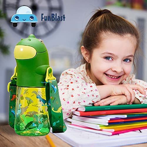 Image of FunBlast Dinosaur Water Bottle for Kids - Cartoon Design Anti-Leak Tritan Bottle With Sipper for School - 560 ML (Green, Pack of 1)