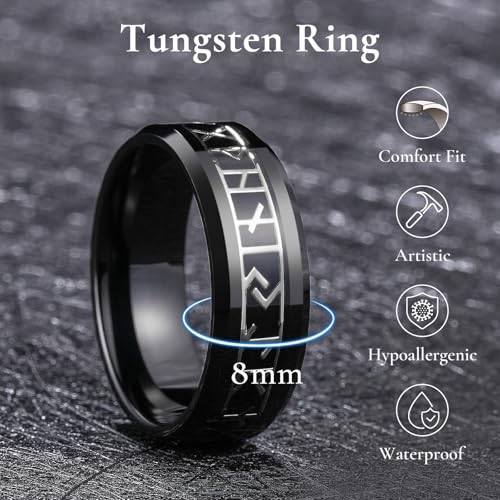 King Will Tungsten Carbide Wedding Band for Men - 8mm Black/Silver/Gold Inlay with Norse Viking Rune & Hawaii Koa Wood Mens Ring, High Polished Beveled Edge for Daily Wear, Comfort Fit Size 7-142