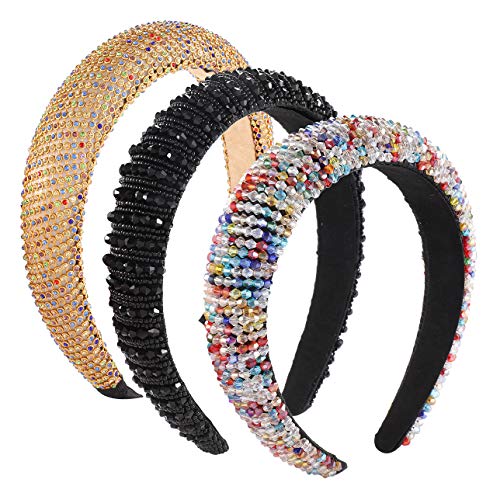 HEIDKRUEGER Colorful Rhinestone Padded Headband for Women Sparkly Baroque Beaded Embellished Wide Velvet Hairband Fashionable Handmade Wedding Party Headpiece Hair Accessory (Style A)