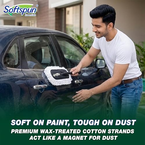 Image of SOFTSPUN Essentials Car Duster - White, Long-Handle Lint-Free & Scratch-Free Car Cleaner Brush with SiO2 Wax Infused Cotton Strands for Enhanced Dust Removal (Exterior Car Cleaning Tool)