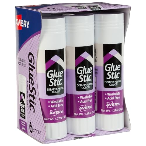 Avery Glue Stic, Disappearing Purple, Washable, 1.27oz, 6 Glue Sticks (98071)