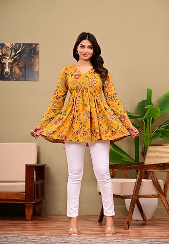 Image of LABEL ADRIJA Cotton V Neck Anarkali Short Kurti for Women Full Sleeve Floral Print | Short Kurtis for Women on Jeans