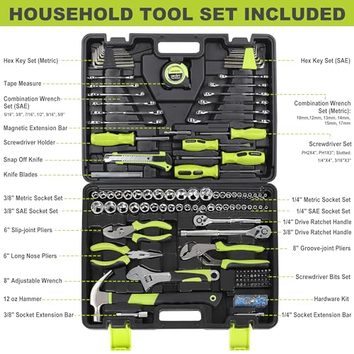 FASTPRO 225-Piece Household Tool Set, Mechanics Hand Tool Set with Toolbox, Home/Auto Repairing Tool Kit for DIY, Home Maintenance and Car Repairing, Green