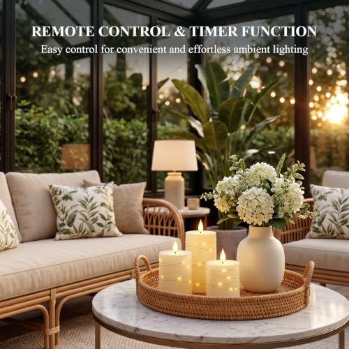 Image of Homemory Ivory Flameless Candles with String Lights, Set of 3 Battery Operated LED Pillar Candles with 3D Flickering Wicks, 11-Key Remote Control and Timer for Home, Wedding and Christmas Decor