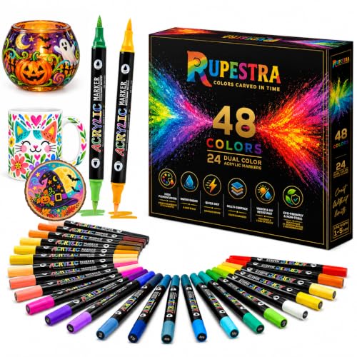 Rupestra Colors Acrylmarker Dual Color, 24 Stifte = 48 Farben, Pinselspitze 1-5mm, Hochpigmentiert für Holz, Glas, Stein, Leinwand, Metall, Ideal für Erwachsene, Kreative Geschenkidee