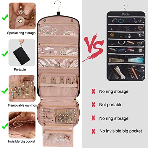 Travel-Jewelry-Organizer-Roll-with-Zipper-Pockets-Large-Hanging-Jewelry-Roll-Bag-Case-for-Rings-Earrings-Necklaces-Bracelets-Brooches-Waterpoof-Bag-with-Separate-Compartments-Large-Black