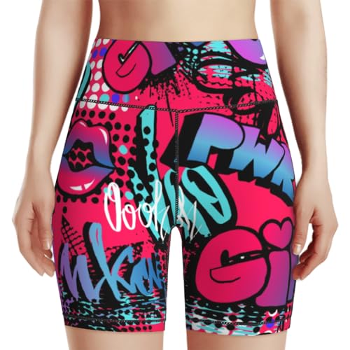 AIMASTZ Fashion Colorful Pop Art Women's High Waist Yoga Shorts Biker Shorts Workout Athletic Running Hiking Gym S