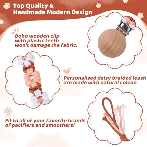 Image of Pacifier Clip for Boys Girls Floral Daisy Macrame Baby Paci Clip Pacifier Holder Leash Boho Wooden Clips Handmade Braided Cotton Binky Clips (1pack:Caramel Style A)