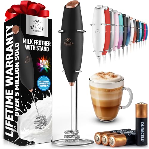 Zulay Kitchen Patented Tornado Triple Whisk Milk Frother with 4 Duracell Batteries – Handheld Foam Maker for Coffee