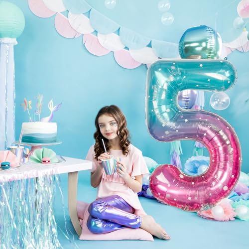 Image of Mermaid Starry 5 Balloons, 40 Inch Giant Teal Blue Purple Mylar Foil Number 0-9 Helium Balloon for Girls, Self Inflating Rainbow 5th Birthday Balloon for Women Anniversary Party Decorations Supplies