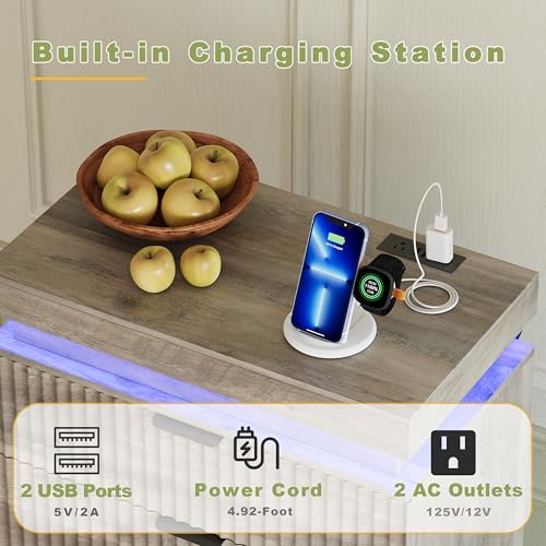 Image of Tall 6 Drawer Dresser with LED Lights and Charging Station, 53 inch Tall Wood Fluted Dresser for Bedroom, Grey Modern Chest of Drawers for Closet Organizer Cabinet for Living Room, Entryway