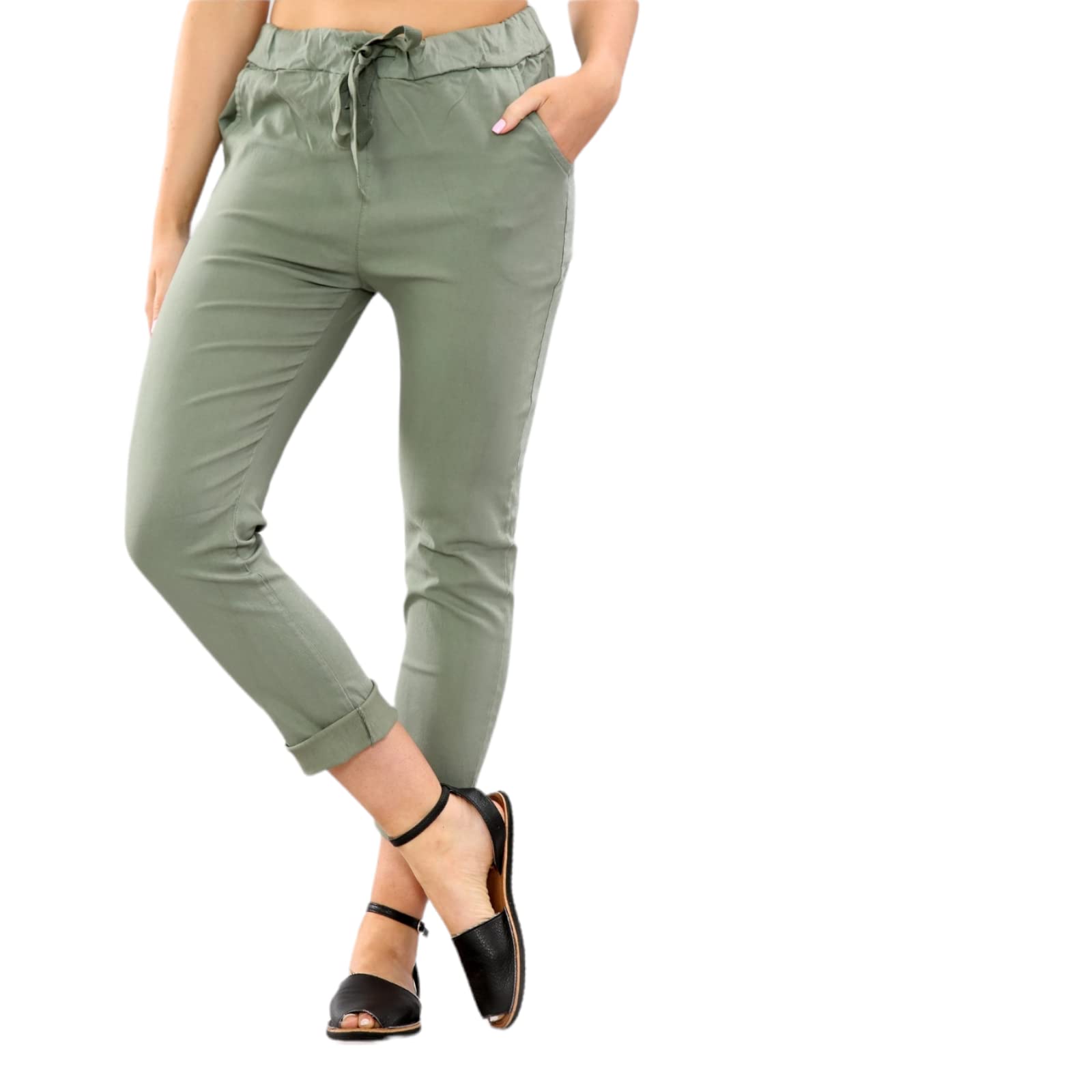 Alam Exclusive Women's Khaki Stretch Plain Magic Comfy Lagenlook Trousers Joggers Jeggings Pants Italian (Khaki)