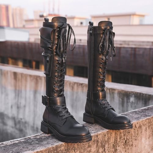 Womens Fashion Outdoor Side Zipper Leather Knee High Boots Lace Up Platform Lug Sole Comfort Round Toe Combat Boots Punk Thigh Tall Boots2