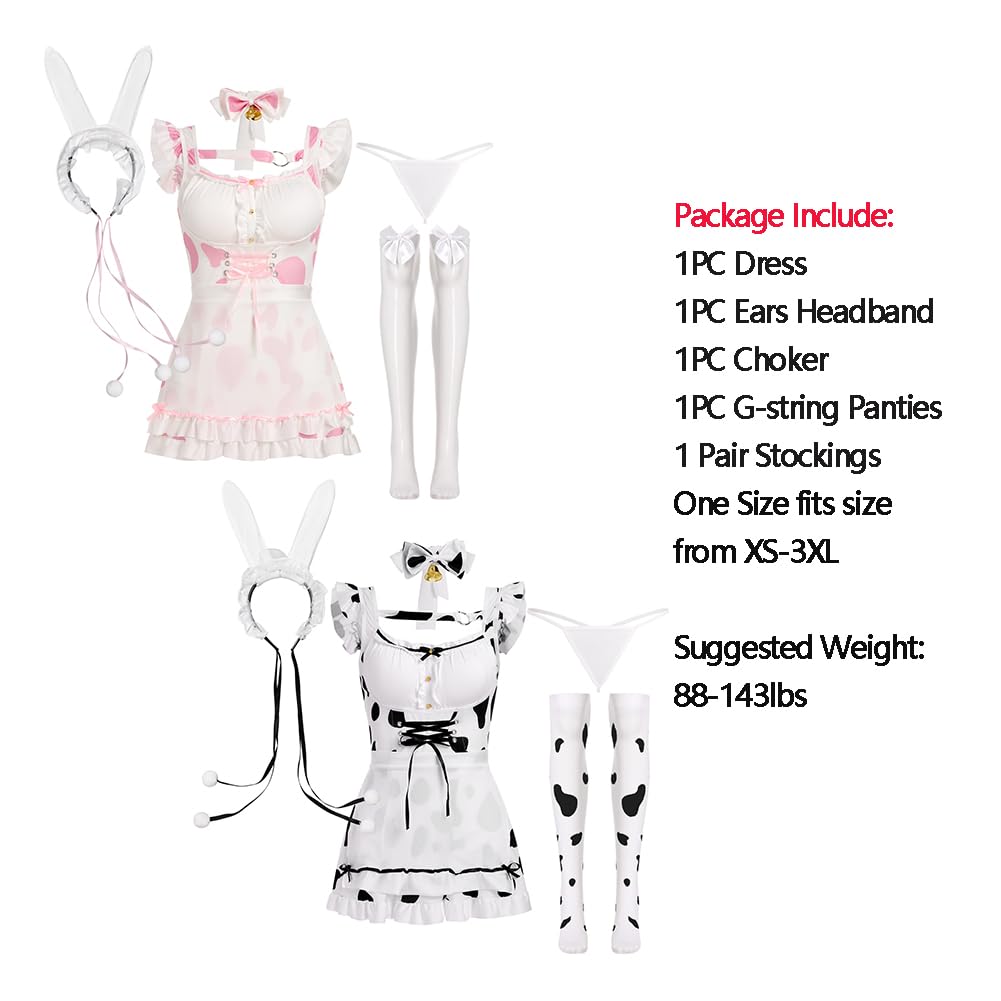 ABAFIP Women's Cute Cosplay Outfits Kawaii Anime Role Play Cow Kitten Ear Headband Stockings Ruffle Mini Dress set