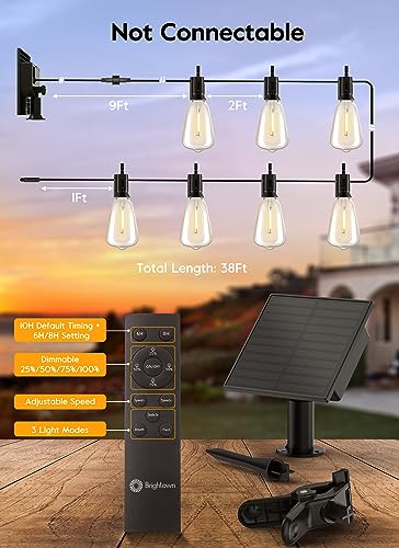 Brightown 38FT Solar String Lights Outdoor Waterproof with Remote, 16+1 LED Shatterproof Bulbs, Dimmable & Timable, 3 Light Modes - Commercial Grade Patio Lights for Garden Backyard Party Decor
