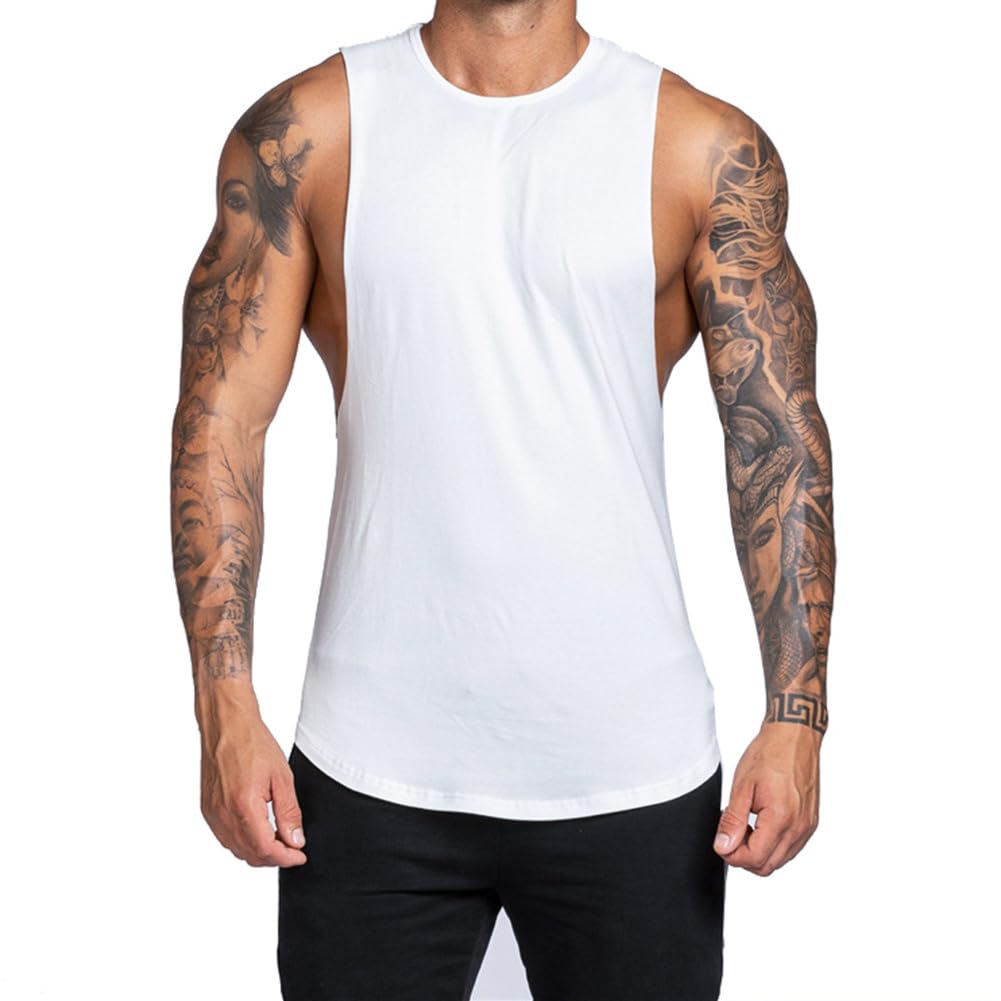 SimidunEUR Men Workout Tank Top Gym Bodybuilding Drop Arm Trainning Fitness Tshirts Sleeveless Muscle T Shirts,White,M