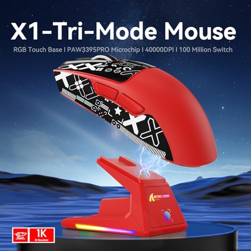 Image of MAMBASNAKE Attack Shark X1 Wireless Gaming Mouse with RGB Charging Dock,PAW3395 PRO Sensor 40K DPI,1KHz Polling Rate 53g Superlight Tri-Mode Computer Mice,5 Programmable Buttons for Win /MAC-Red&Tape