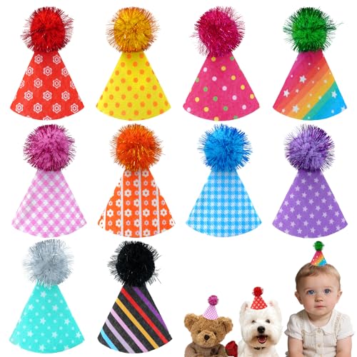 JpGdn 10Pcs Pack Mini Felt Party Hats for Teddys Bear Dogs Cats Stuffed Animals With Adjustable Headband Reusable Birthday Holiday Wedding Party Costume Accessories