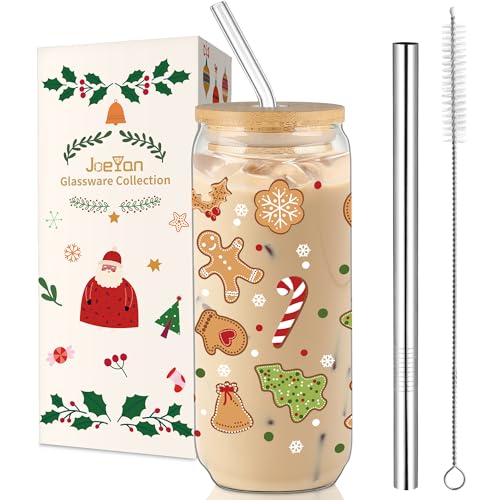 Joeyan 600ml Vasos Navidad de Cristal con Tapa y Pajita,Vasos de Vidrio Diseño de Acebo y Hombre de Jengibre,Tazas para Matcha,Café Helado,Smoothie,Bubble Tea,Cerveza,Regalo Para Niños Amigos Colegas