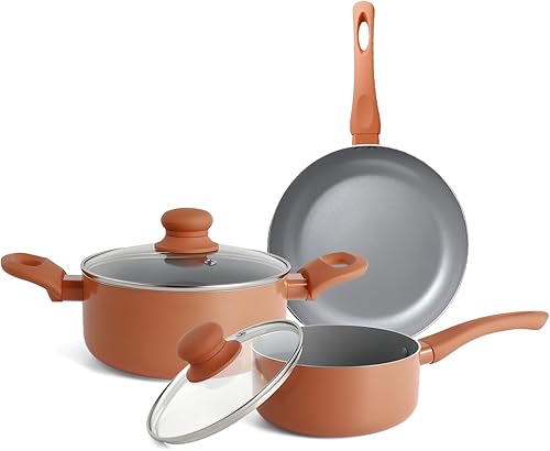 Juego de ollas y sartenes antiadherentes, 5 piezas de utensilios de cocina con revestimiento de cerámica no tóxica con tapas de vidrio templado,