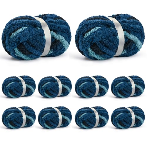 Image of 10 Pack Jumbo Chunky Yarn for Hand Knitting, Fluffy Chunky Chenille Yarn for Crocheting, Variegated Chunky Knit Baby Blanket Yarn, 240 yds /70.5 oz Super Bulky Yarn（Tie Dye Blue）