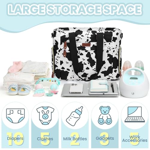 Image of Pritent Diaper Bag Tote for Working Mom, Large Travel Diaper Tote for Mom and Dad with 14 Inch Laptop Sleeve, Mommy Maternity Travel Baby Bag for Boys and Girls, Cowprint