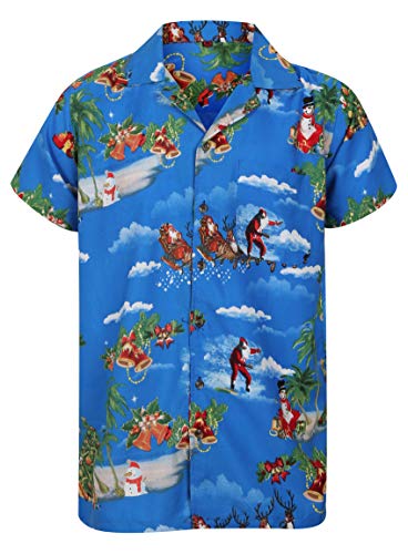 OE Menswear Christmas Hawaiian Shirt Mens Santa Loud Hawaii Reindeer Xmas Tree Party S-4XL (Large Blue)