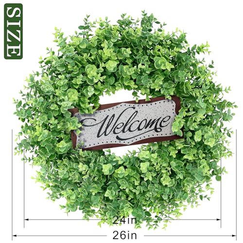 Image of 26 inch Artificial Eucalyptus Wreath with Welcome Sign for Front Door(Green) | Faux Large Greenery, UV-resistant, for Porch /Window /Wall /Farmhouse /Home /Outdoor /Spring /Summer /All Seasons Decor