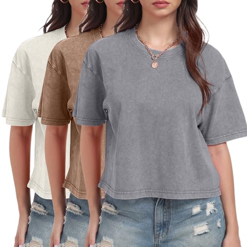 Womens Crop Tops Acid Wash Short Sleeve T-Shirts Casual Round Neck Basic Tees Baggy Summer Shirts